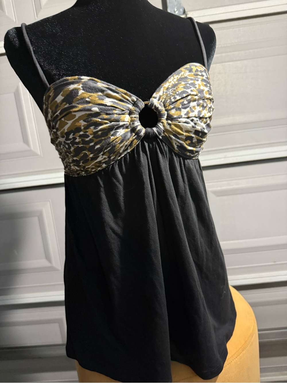 Women’s Black Camisole with Olive & White Animal-Print Bust